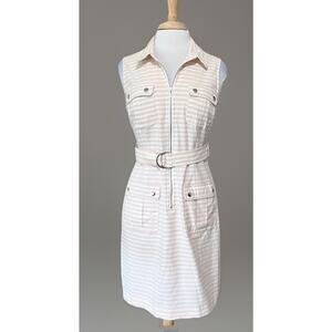 Sharagano Sleeveless Zip Belted Shirt Dress Pink/White Stripe Nautical 10
